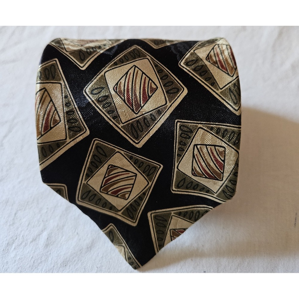 Vintage Main Street 100% Silk‎ Necktie Geometric Abstract Black Tan Red USA 60"